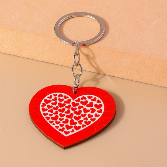 Picture of 1 Piece Wood Valentine's Day Keychain & Keyring Silver Tone Red Heart 10cm