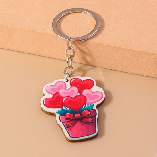 Picture of 1 Piece Wood Valentine's Day Keychain & Keyring Silver Tone Multicolor Gift Box Heart 10cm