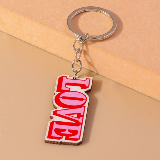 Picture of 1 Piece Wood Valentine's Day Keychain & Keyring Silver Tone Fuchsia Message " LOVE " 10cm