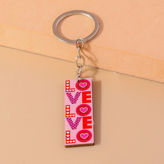 Picture of 1 Piece Wood Valentine's Day Keychain & Keyring Silver Tone Multicolor Rectangle Message " LOVE " 10cm