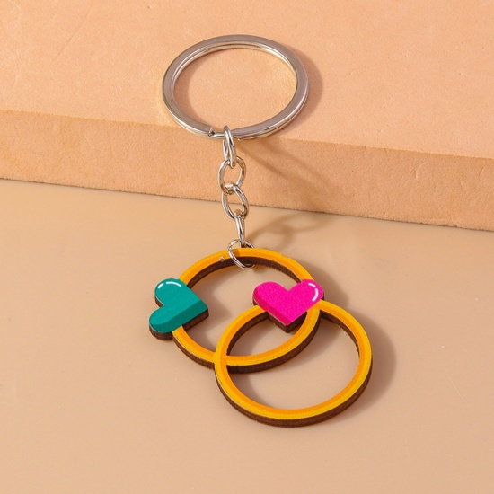 Picture of 1 Piece Wood Valentine's Day Keychain & Keyring Silver Tone Multicolor Bicyclic Heart 10cm