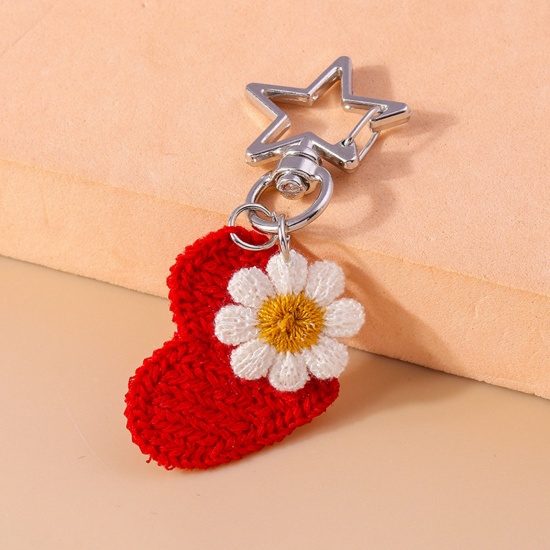 Picture of 1 Piece Polyester Valentine's Day Keychain & Keyring Silver Tone Red Heart Flower 7cm