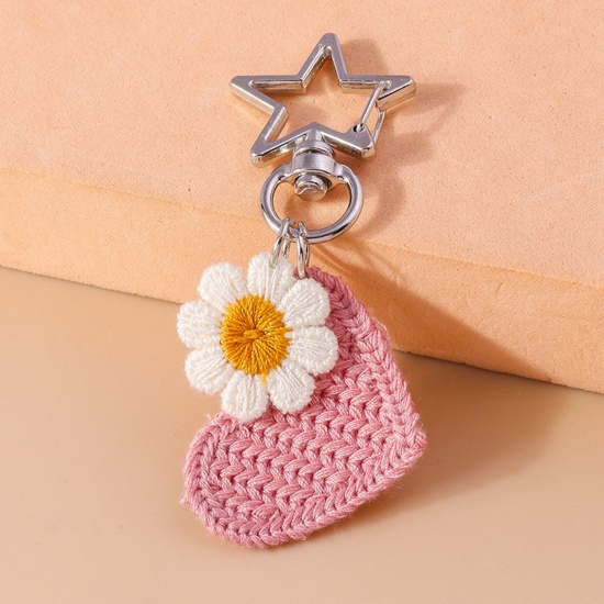 Picture of 1 Piece Polyester Valentine's Day Keychain & Keyring Silver Tone Pink Heart Flower 7cm