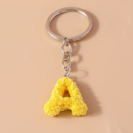 Picture of 1 Piece Resin Mother's Day Keychain & Keyring Silver Tone Yellow Message " A " 9cm