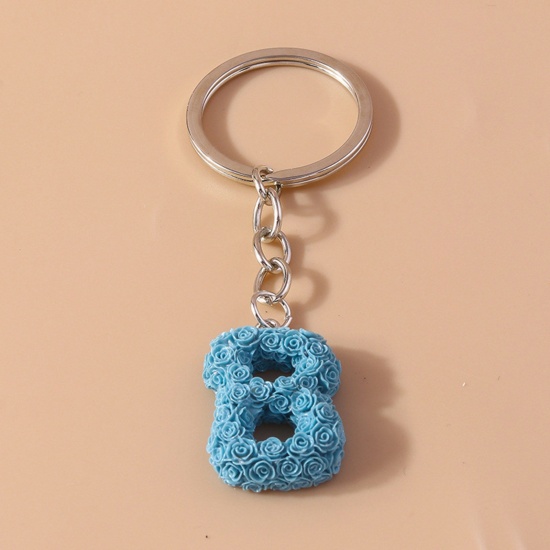 Picture of 1 Piece Resin Mother's Day Keychain & Keyring Silver Tone Blue Message " B " 9cm