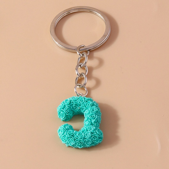 Picture of 1 Piece Resin Mother's Day Keychain & Keyring Silver Tone Cyan Message " C " 9cm