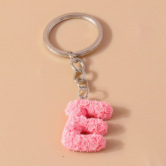 Picture of 1 Piece Resin Mother's Day Keychain & Keyring Silver Tone Pink Message " E " 9cm