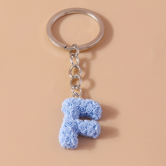 Picture of 1 Piece Resin Mother's Day Keychain & Keyring Silver Tone Skyblue Message " F " 9cm