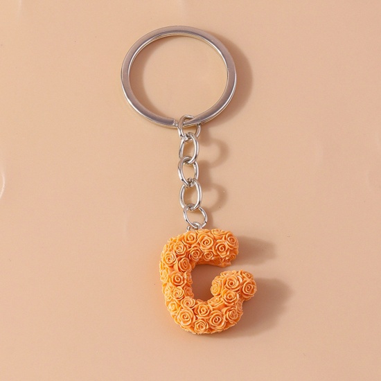 Picture of 1 Piece Resin Mother's Day Keychain & Keyring Silver Tone Orange Message " G " 9cm