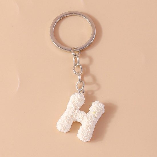 Picture of 1 Piece Resin Mother's Day Keychain & Keyring Silver Tone White Message " H " 9cm