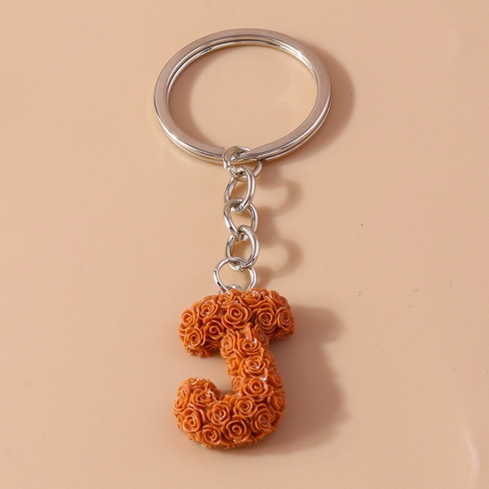 Picture of 1 Piece Resin Mother's Day Keychain & Keyring Silver Tone Brown Message " J " 9cm