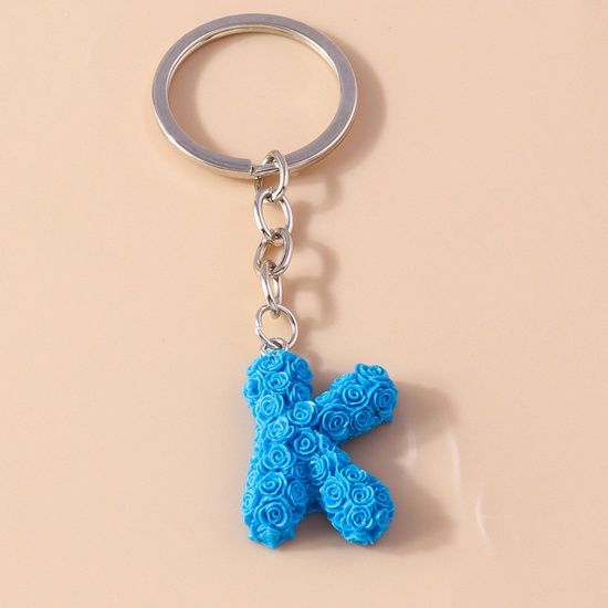 Picture of 1 Piece Resin Mother's Day Keychain & Keyring Silver Tone Blue Message " K " 9cm