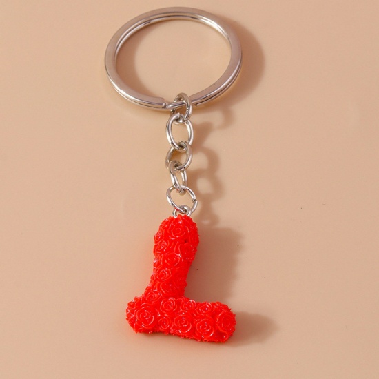 Picture of 1 Piece Resin Mother's Day Keychain & Keyring Silver Tone Red Message " L " 9cm