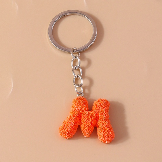 Picture of 1 Piece Resin Mother's Day Keychain & Keyring Silver Tone Orange Message " M " 9cm