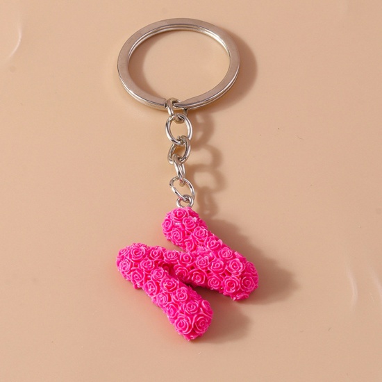 Picture of 1 Piece Resin Mother's Day Keychain & Keyring Silver Tone Fuchsia Message " N " 9cm