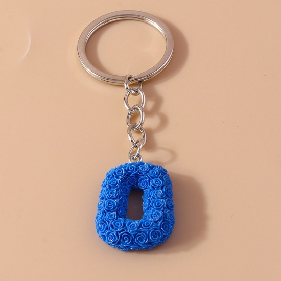 Picture of 1 Piece Resin Mother's Day Keychain & Keyring Silver Tone Royal Blue Message " O " 9cm