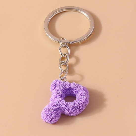 Picture of 1 Piece Resin Mother's Day Keychain & Keyring Silver Tone Purple Message " P " 9cm