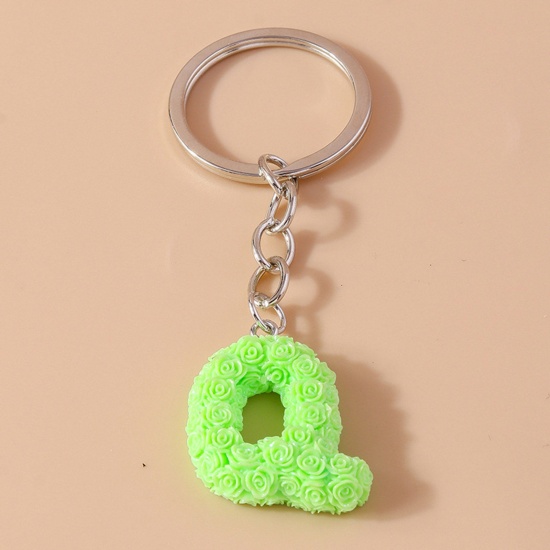 Picture of 1 Piece Resin Mother's Day Keychain & Keyring Silver Tone Neon Green Message " Q " 9cm