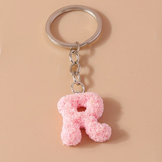 Picture of 1 Piece Resin Mother's Day Keychain & Keyring Silver Tone Light Pink Message " R " 9cm
