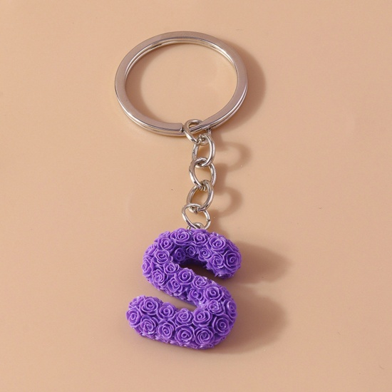 Picture of 1 Piece Resin Mother's Day Keychain & Keyring Silver Tone Dark Purple Message " S " 9cm