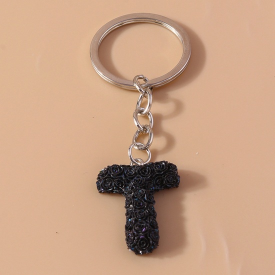 Picture of 1 Piece Resin Mother's Day Keychain & Keyring Silver Tone Black Message " T " 9cm