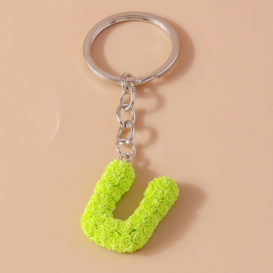 Picture of 1 Piece Resin Mother's Day Keychain & Keyring Silver Tone Grass Green Message " U " 9cm