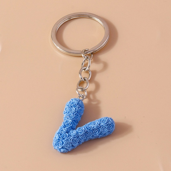 Picture of 1 Piece Resin Mother's Day Keychain & Keyring Silver Tone Blue Message " V " 9cm