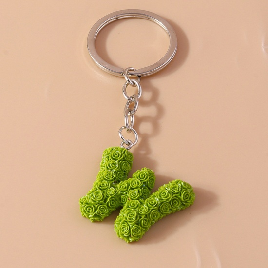 Picture of 1 Piece Resin Mother's Day Keychain & Keyring Silver Tone Emerald Green Message " W " 9cm