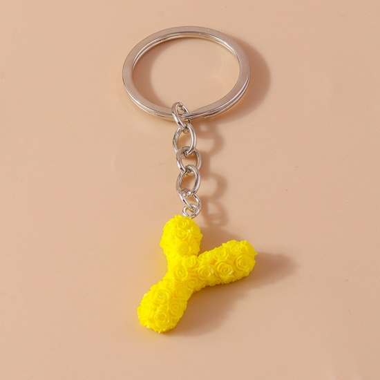 Picture of 1 Piece Resin Mother's Day Keychain & Keyring Silver Tone Yellow Message " Y " 9cm