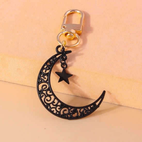 Picture of 1 Piece Resin Gothic Keychain & Keyring Gold Plated Black Half Moon Pentagram Star 7cm