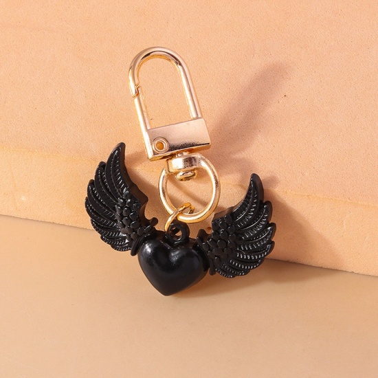 Picture of 1 Piece Resin Gothic Keychain & Keyring Gold Plated Black Angel Heart 5cm