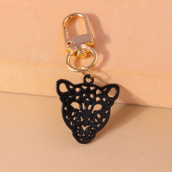 Picture of 1 Piece Resin Gothic Keychain & Keyring Gold Plated Black Leopard Head Portrait 7cm