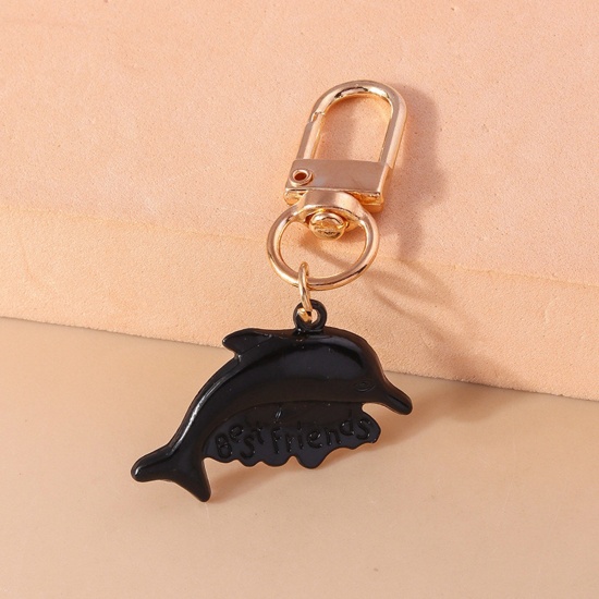 Picture of 1 Piece Resin Gothic Keychain & Keyring Gold Plated Black Dolphin Animal 6cm