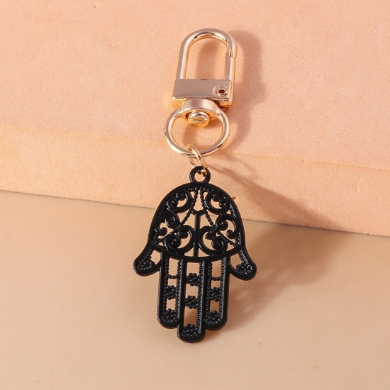 Picture of 1 Piece Resin Gothic Keychain & Keyring Gold Plated Black Hamsa Symbol Hand 7cm