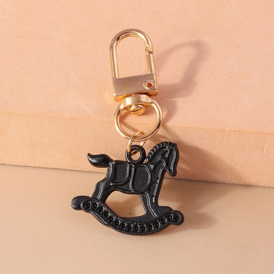 Picture of 1 Piece Resin Gothic Keychain & Keyring Gold Plated Black Merry-go-round/ Carousel 6cm