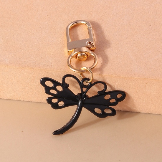 Picture of 1 Piece Resin Gothic Keychain & Keyring Gold Plated Black Dragonfly Animal 6cm