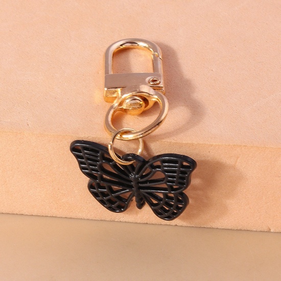 Picture of 1 Piece Resin Gothic Keychain & Keyring Gold Plated Black Butterfly Animal 5cm