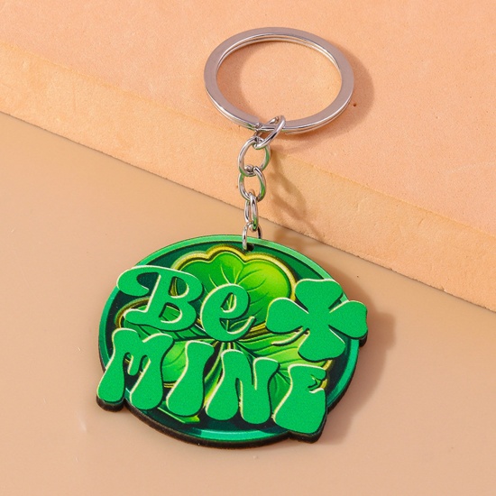 Picture of 1 Piece Wood St Patrick's Day Keychain & Keyring Silver Tone Green Oval 10cm