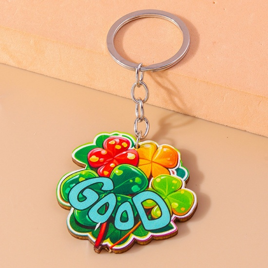 Picture of 1 Piece Wood St Patrick's Day Keychain & Keyring Silver Tone Multicolor Leaf Clover Message " GOOD " 10cm