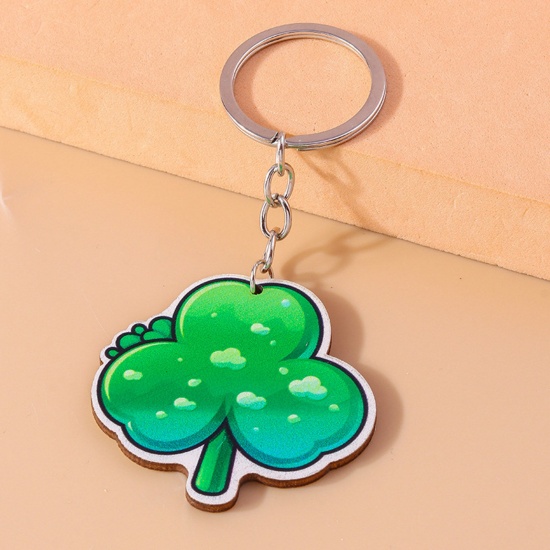Picture of 1 Piece Wood St Patrick's Day Keychain & Keyring Silver Tone Green Leaf Clover 10cm
