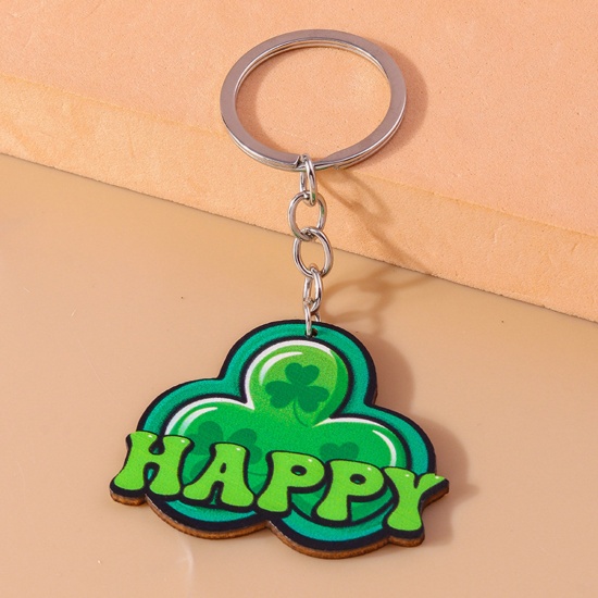 Picture of 1 Piece Wood St Patrick's Day Keychain & Keyring Silver Tone Green Leaf Clover Message " Happy " 10cm