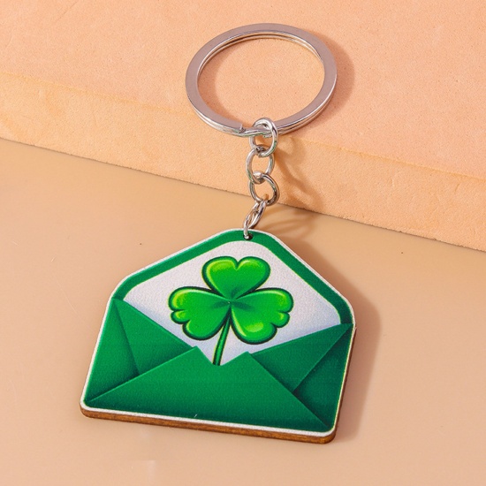 Picture of 1 Piece Wood St Patrick's Day Keychain & Keyring Silver Tone Green Leaf Clover Stationery 10cm