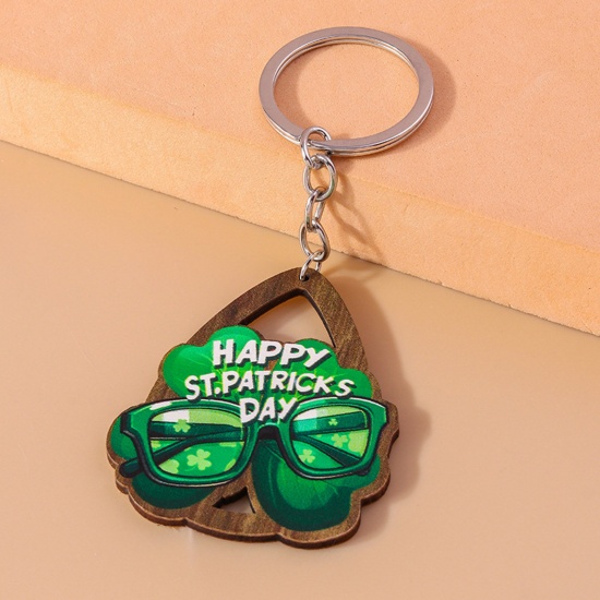 Picture of 1 Piece Wood St Patrick's Day Keychain & Keyring Silver Tone Drop Eyeglasses Hollow 11cm