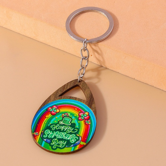 Picture of 1 Piece Wood St Patrick's Day Keychain & Keyring Silver Tone Drop Rainbow Hollow 11cm