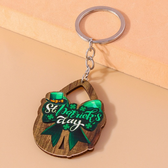 Picture of 1 Piece Wood St Patrick's Day Keychain & Keyring Silver Tone Drop Bowknot Hollow 11cm