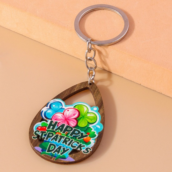 Picture of 1 Piece Wood St Patrick's Day Keychain & Keyring Silver Tone Drop Hollow 11cm