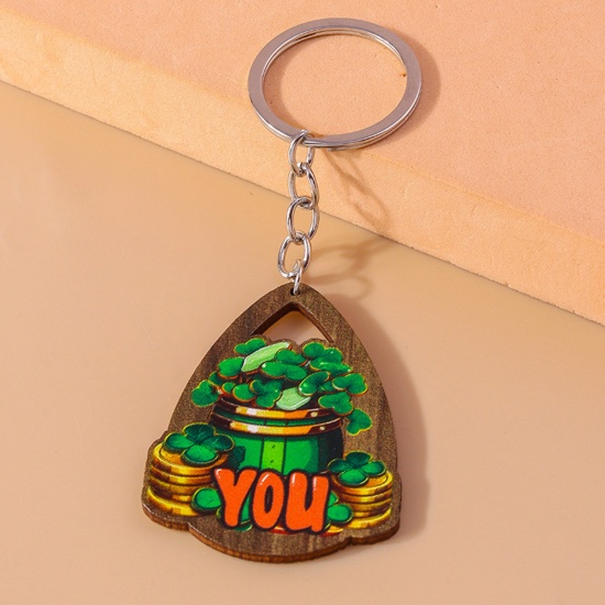 Picture of 1 Piece Wood St Patrick's Day Keychain & Keyring Silver Tone Drop Message " you " Hollow 11cm