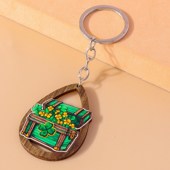 Picture of 1 Piece Wood St Patrick's Day Keychain & Keyring Silver Tone Treasure Box Drop Hollow 11cm