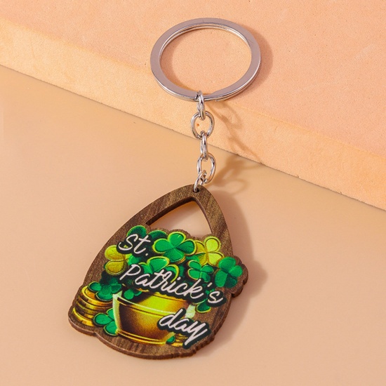 Picture of 1 Piece Wood St Patrick's Day Keychain & Keyring Silver Tone Jar Drop Hollow 11cm