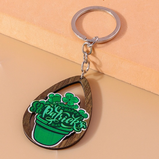 Picture of 1 Piece Wood St Patrick's Day Keychain & Keyring Silver Tone Drop Pot Plant Hollow 11cm